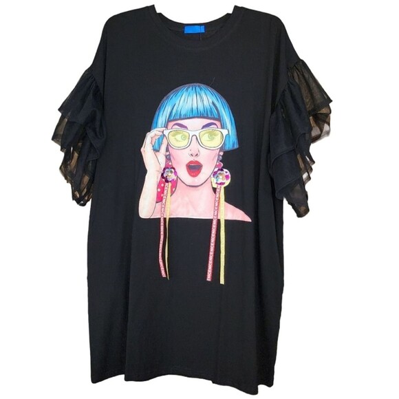 NWT Ellazhu Girl Face‎ Print Black Dress One Size - Picture 2 of 9